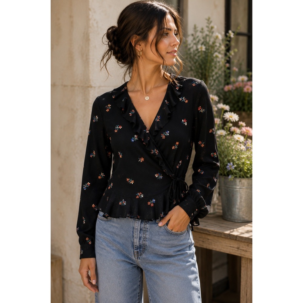 Rails Simone Black Kyoto Floral Ruffle Wrap Peplum Blouse Top Medium